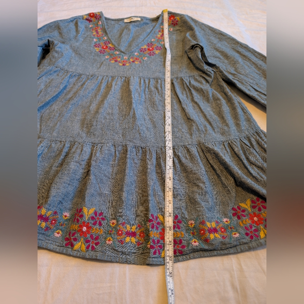 Natural Life Tiered  Chambray Linen Cotton Mini Dress Size L Embroidered - Picture 9 of 9